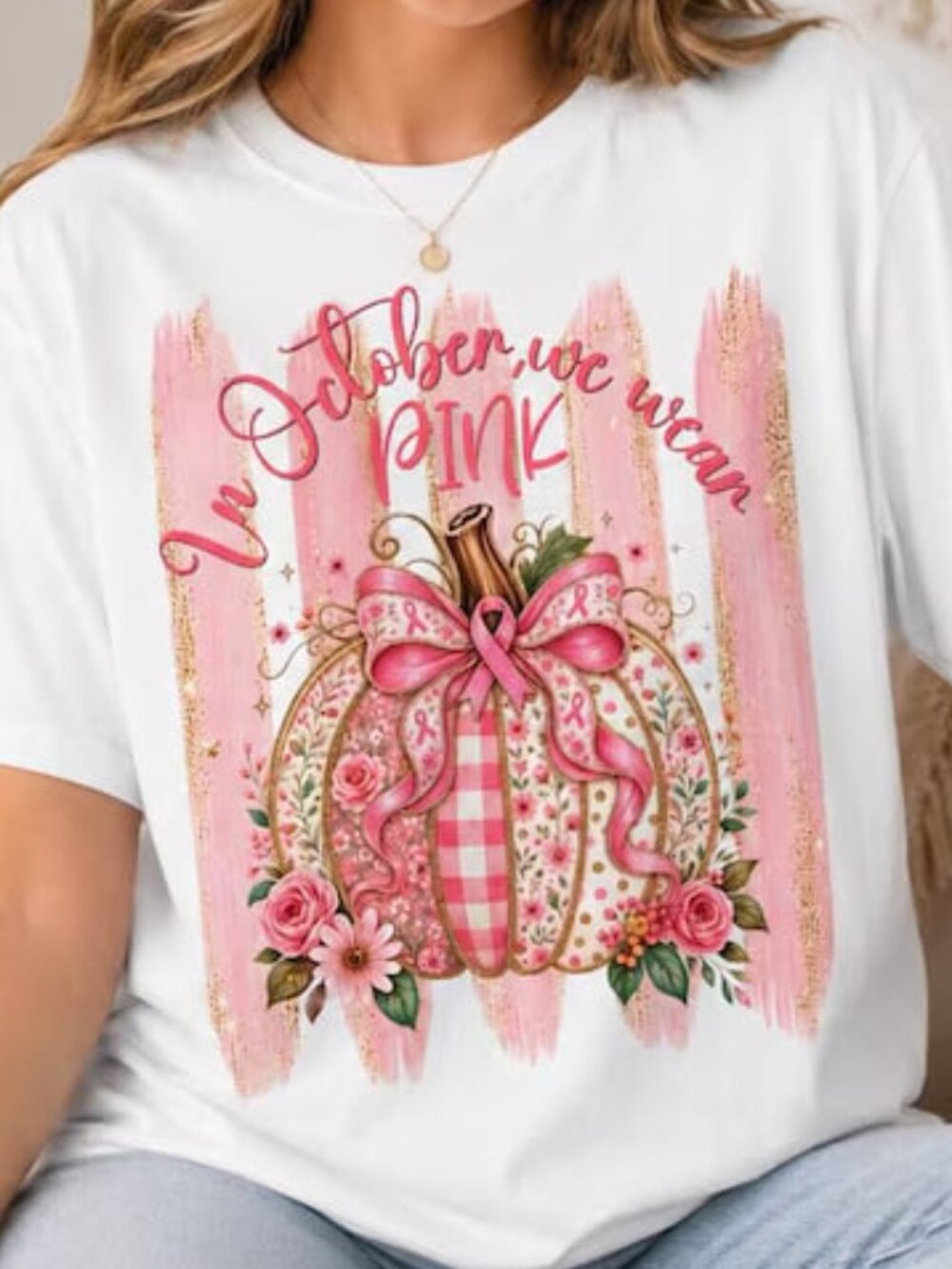 In October We Wear Pink Shirt, Floral Pumpkin Tee, Cute Halloween Shirt